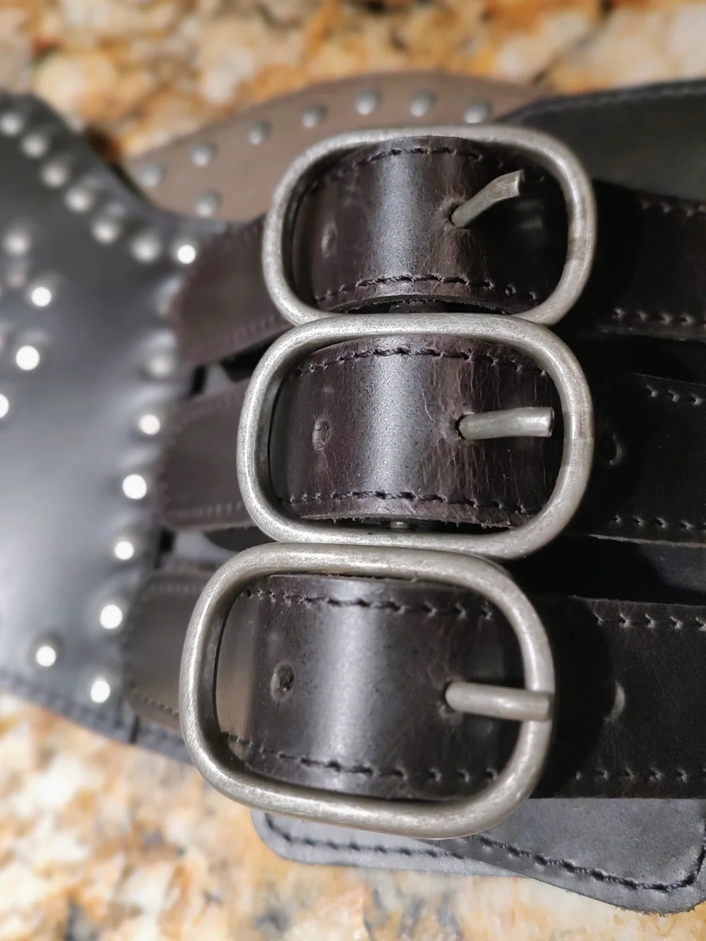 Women’s Wide Black Studded Leather Waist Belt with Triple Buckle